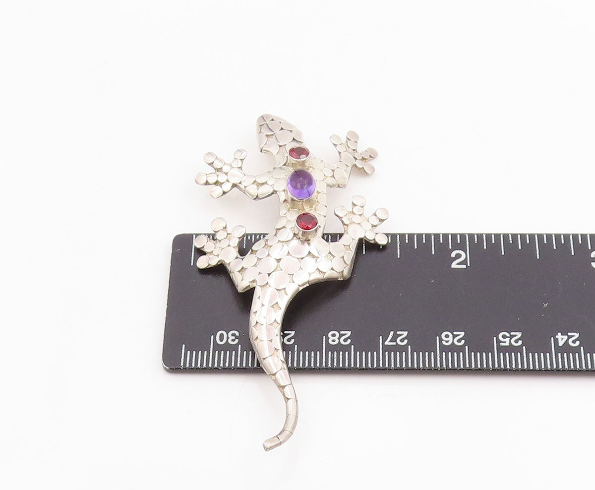 925 Sterling Silver Vintage Brooch SAJEN Oval Amethyst & CZ Lizard Pin BP11956