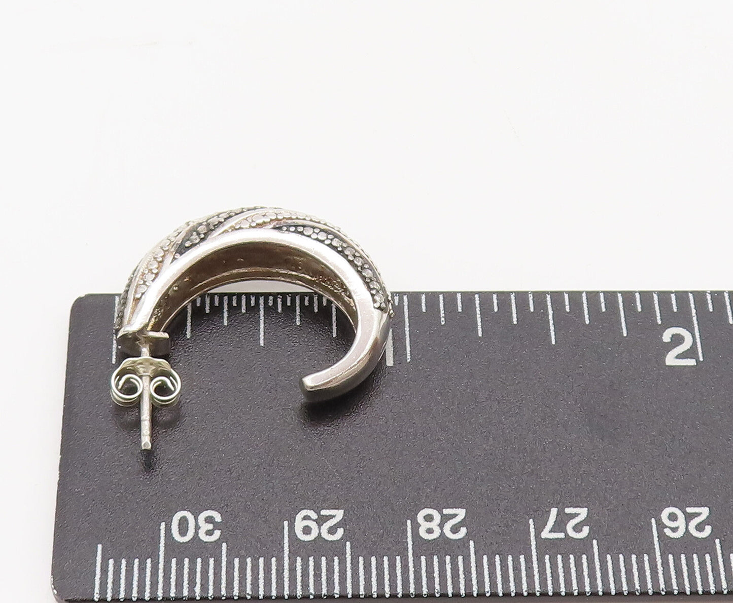 925 Sterling Silver Vintage Black & White Diamonds Half Hoop Earrings EG12520