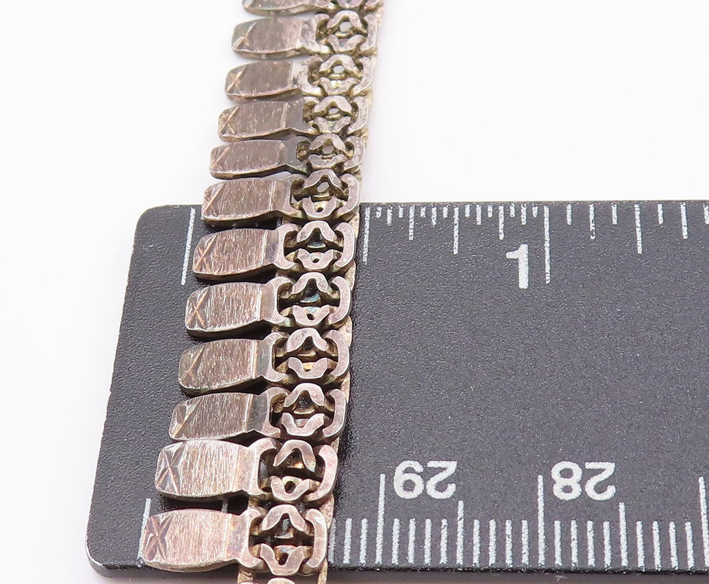 925 Sterling Silver Vintage Necklace Carved Small Flat Rectangular Links NE4572