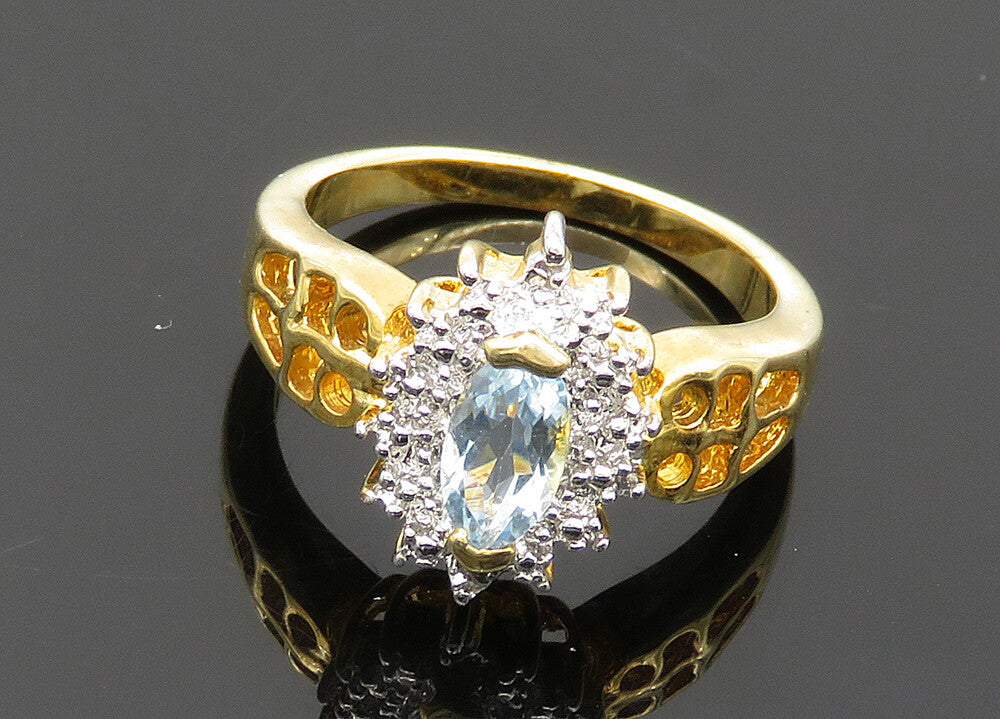 925 Sterling Silver Blue Topaz Two Tone Shiny Floral Band Ring Sz 6 RG20335