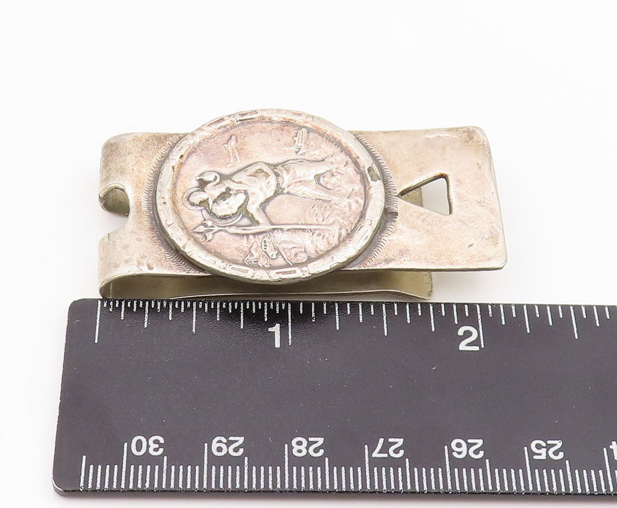925 Sterling Silver Vintage Money Clip Solid Dark Tone Religious Carved TR3873