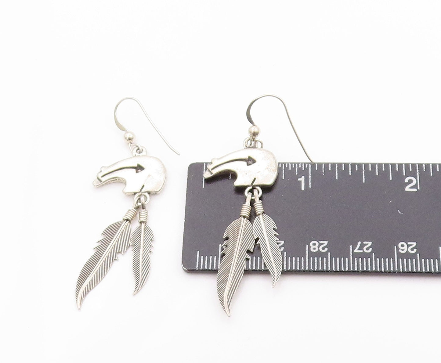 925 Sterling Silver Vintage Earrings SOUTHWESTERN Bear Dangling Feathers EG13531