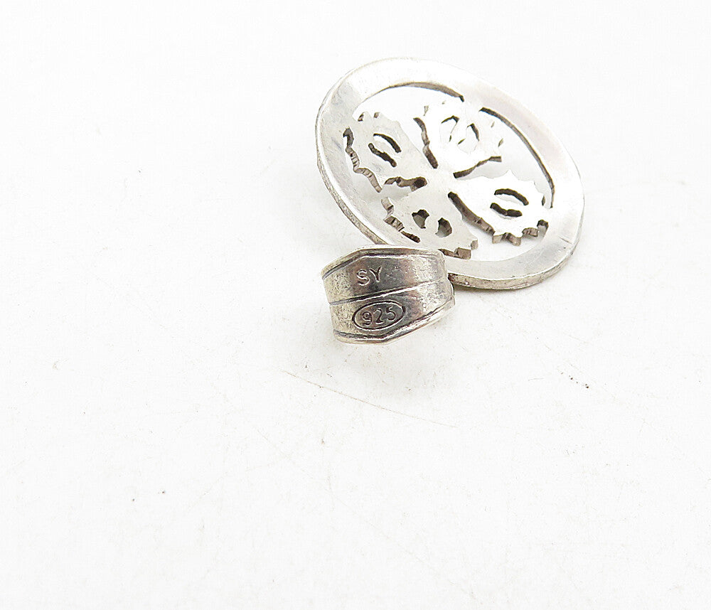 925 Sterling Silver Vintage Petite Greek Key Floral Leaf Drop Pendant PT6796
