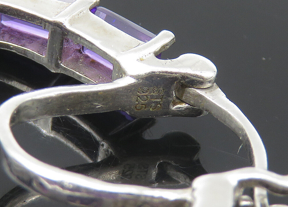 925 Sterling Silver Vintage Prong Set Amethyst Shiny Hoop Earrings EG10928