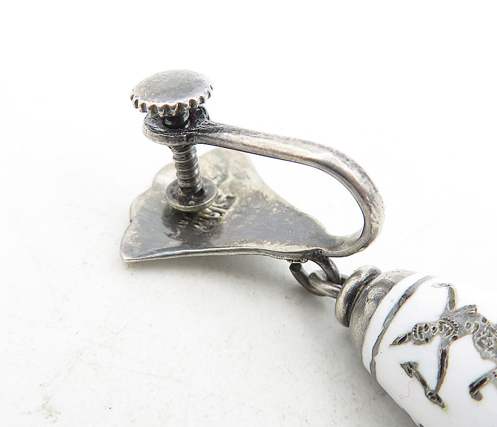 SIAM 925 Sterling Silver Vintage Enamel Dancer Bell Dangle Earrings EG4487