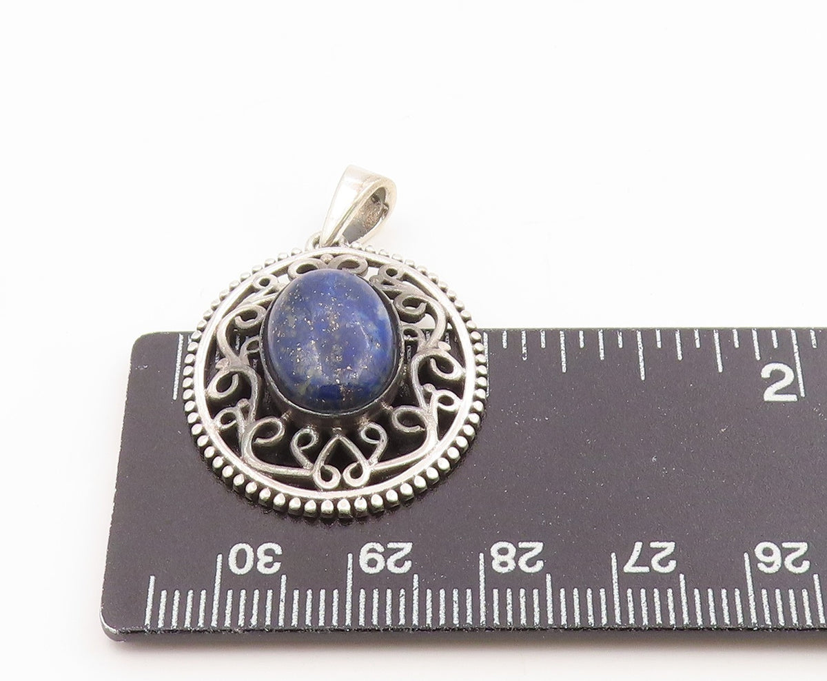 925 Sterling Silver Vintage Pendant Cabochon Lapis Lazuli Openwork Charm PT26239