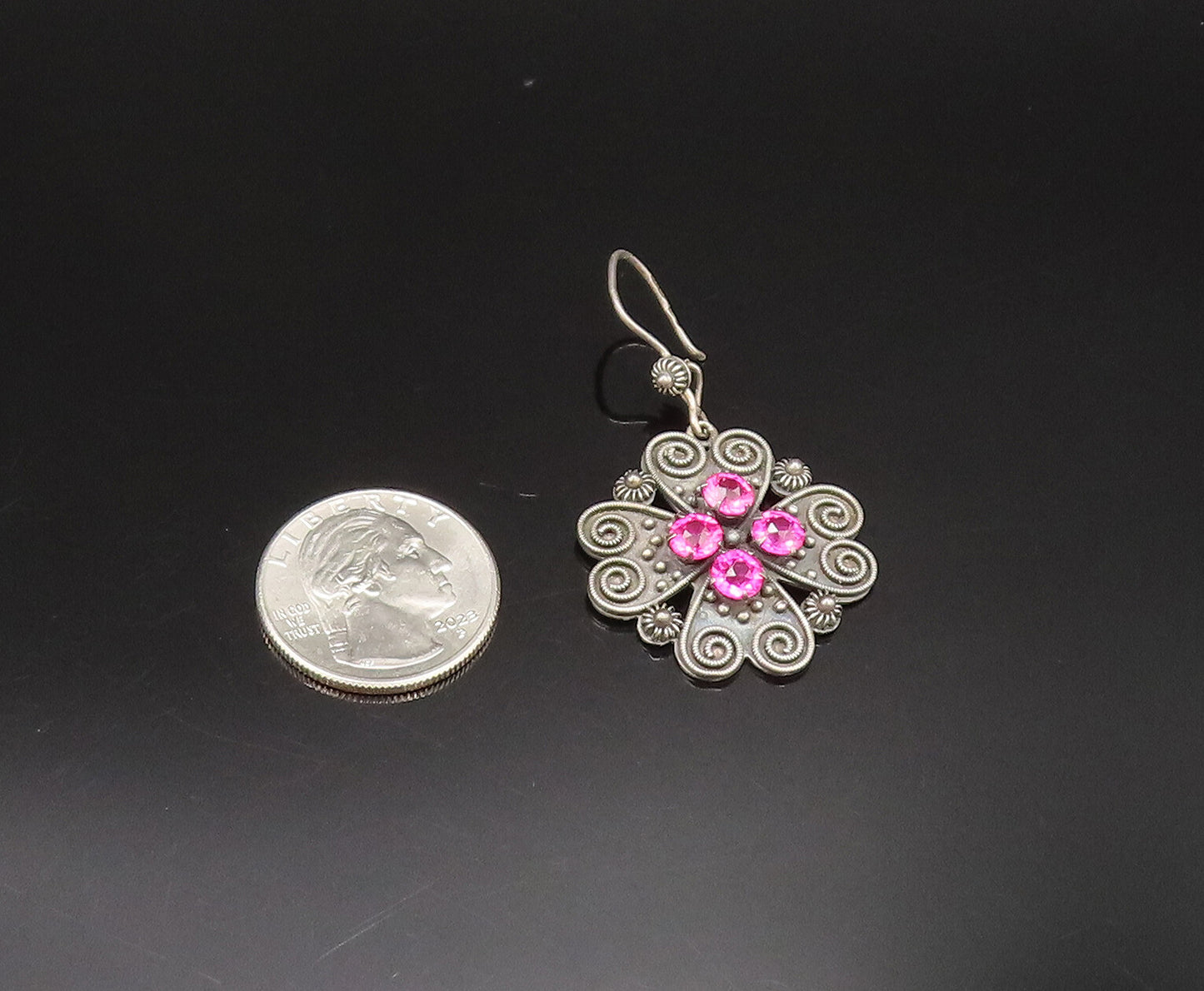 925 Silver Vintage Beaded Pretzel Twist Tourmaline Floral Earrings EG11928