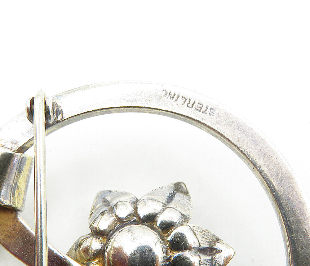 925 Sterling Silver Vintage Golden Pearl Flower Motif Brooch Pin BP3252