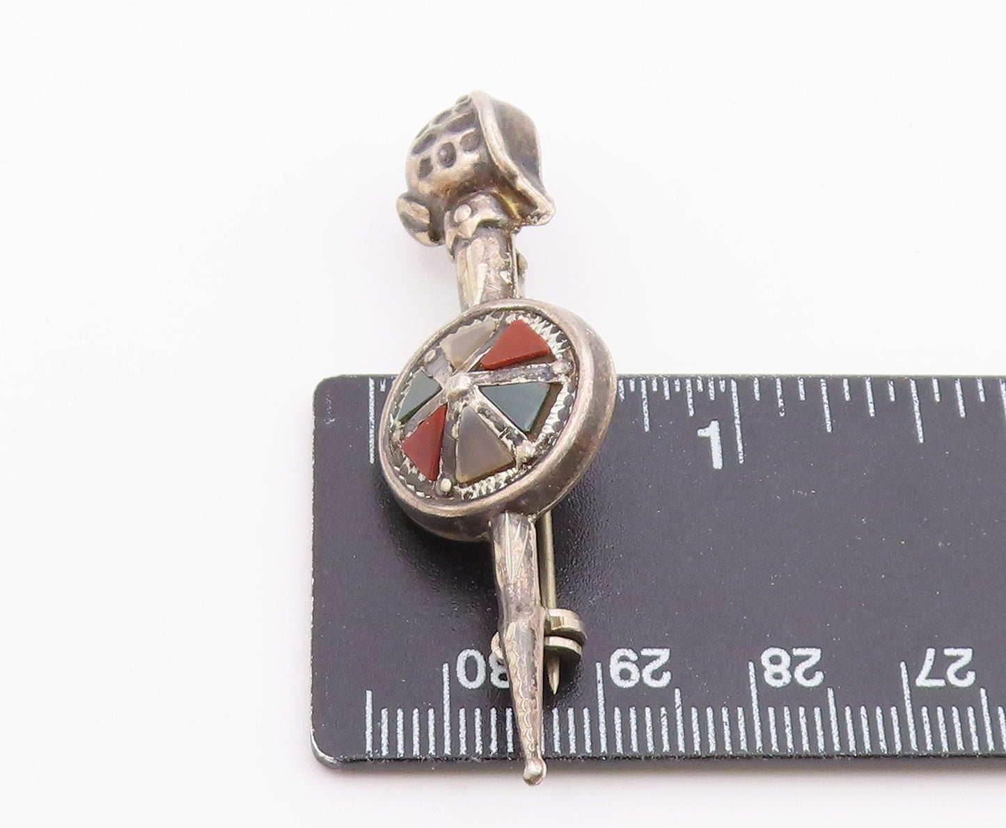 925 Sterling Silver Vintage Antique Carnelian Sword & Shield Brooch Pin BP8303