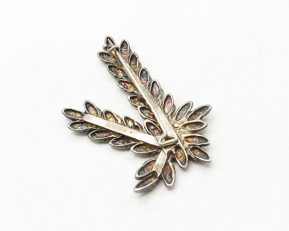 925 Sterling Silver Vintage Dark Tone Floral Leaves Motif Brooch Pin BP4955