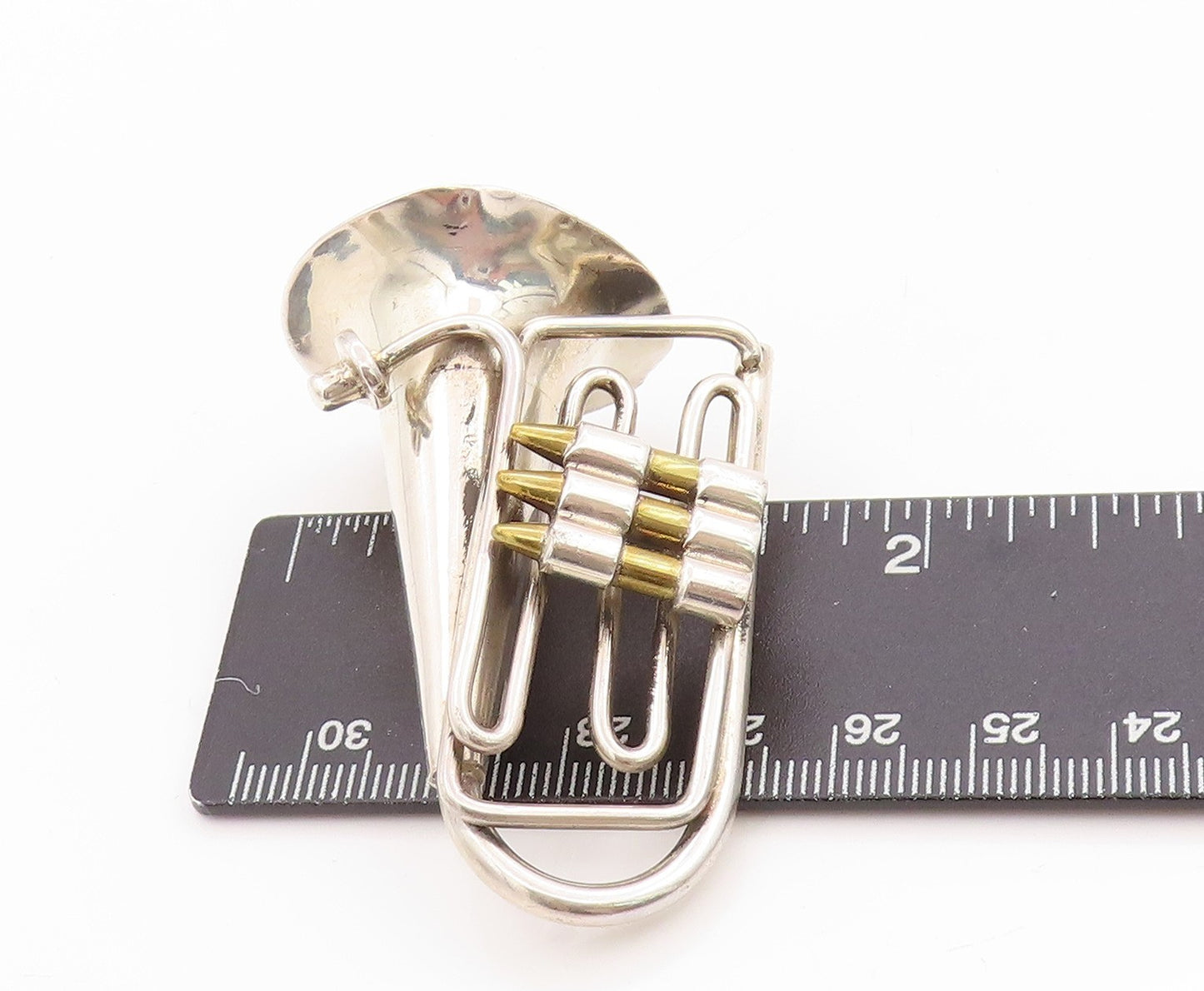 925 Sterling Silver Vintage Brooch Gold Plated Tuba Musical Instrument BP11789