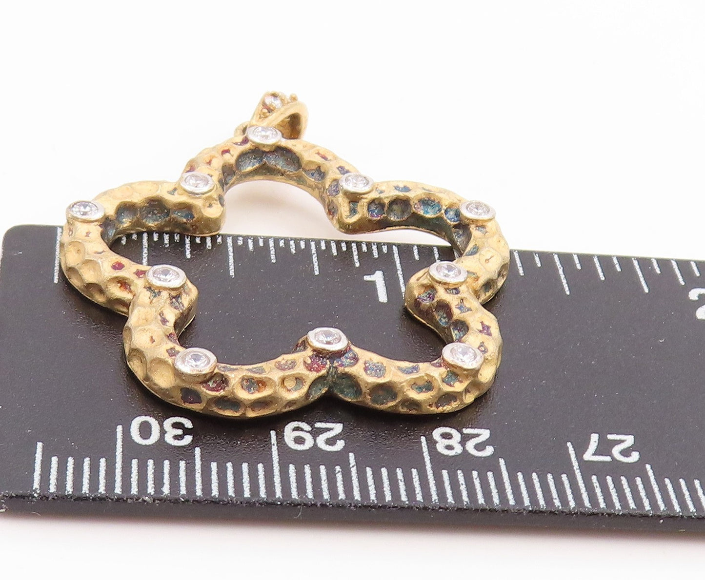 925 Sterling Silver Vintage Pendant Gold Plated CZ Hammered Open Flower PT25835