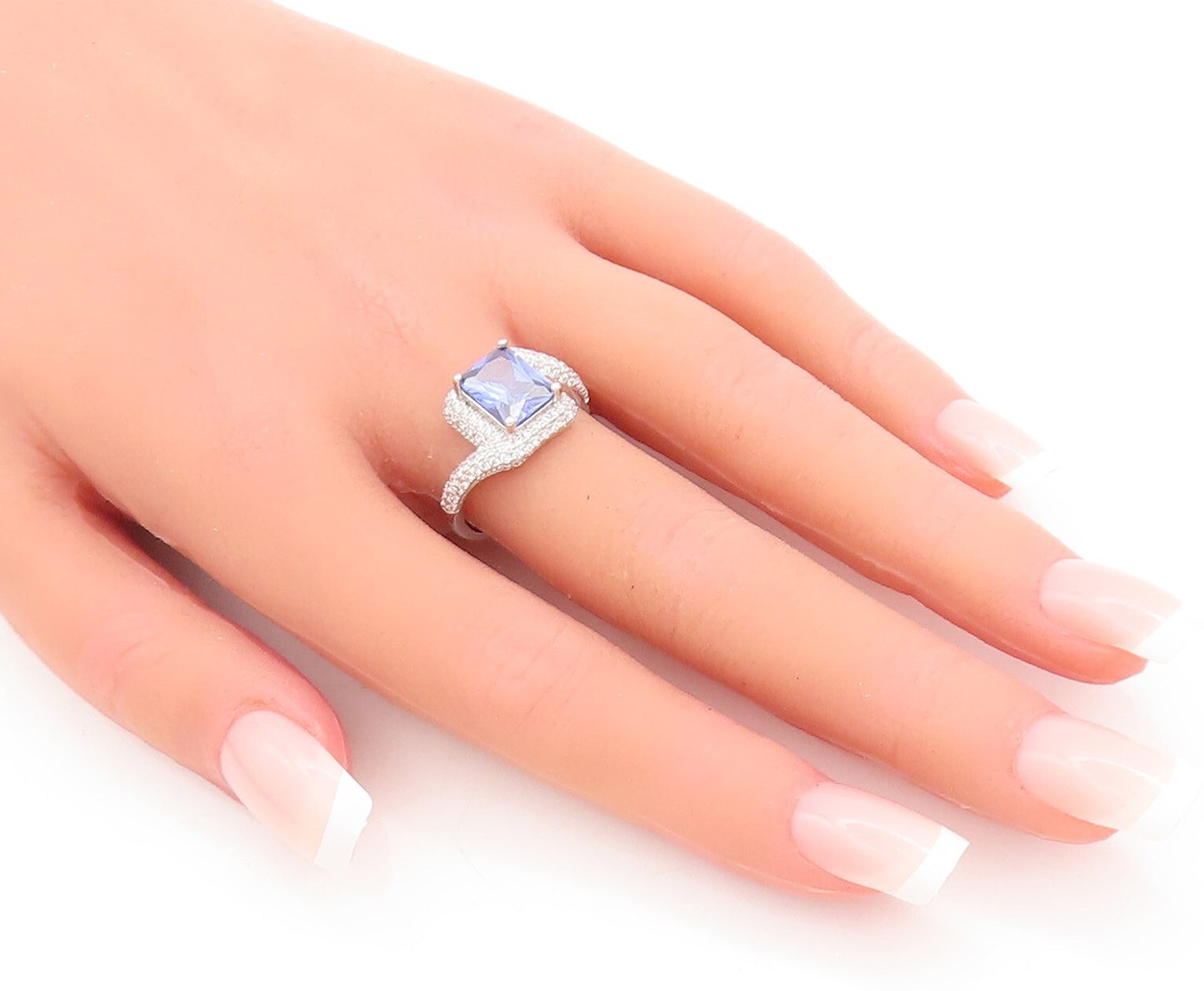 925 Sterling Silver Vintage Ring Designer Rectangle Sapphire & CZ Sz 7 RG29222