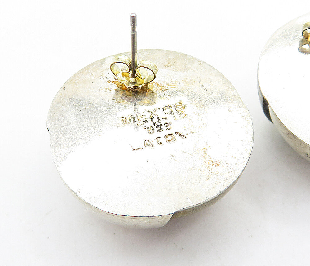 MEXICO 925 Sterling Silver Vintage Two Tone Dome Button Drop Earrings EG2883