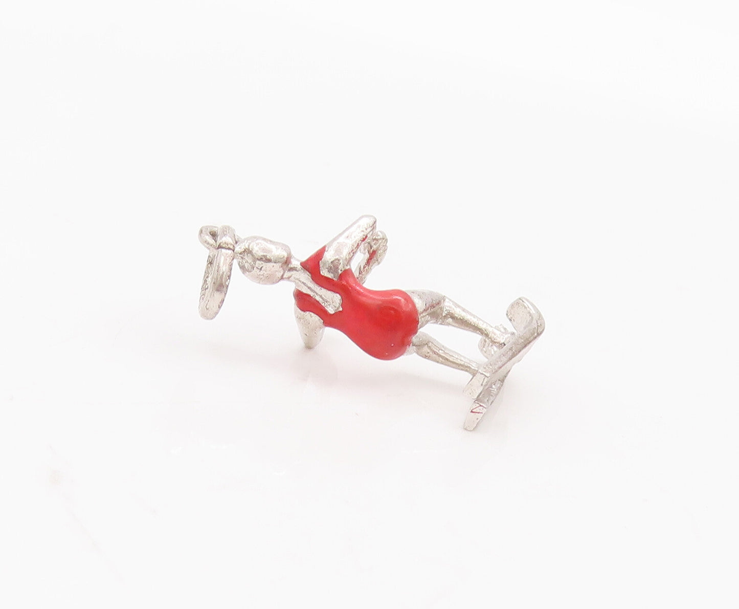 925 Sterling Silver Vintage Pendant Solid 3D Carved Enameled Skiing Girl PT23044