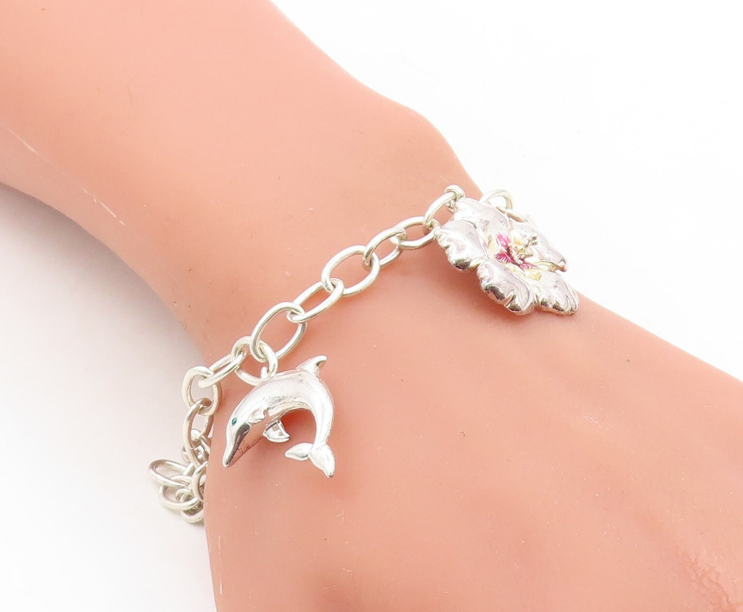 AVON 925 Sterling Silver Cubic Zirconia Assorted Charm Chain Bracelet BT2829