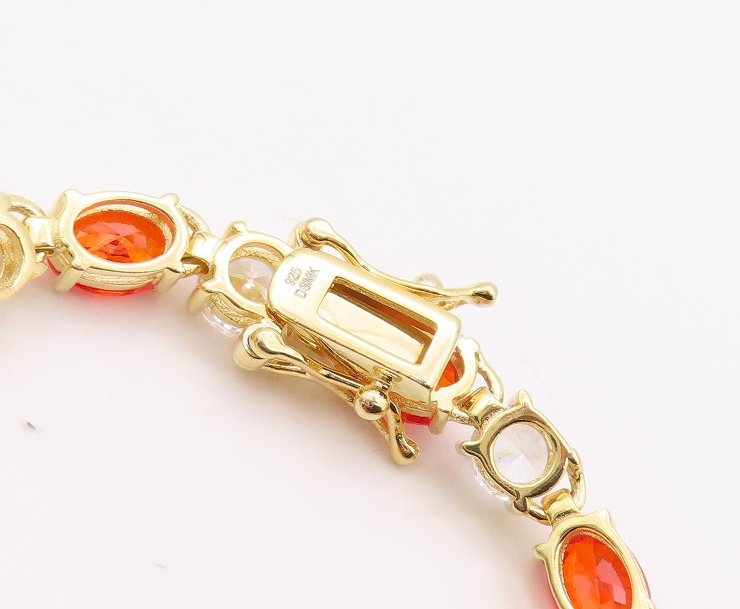 925 Sterling Silver Vintage Bracelet Gold Plated Oval Orange & White CZ BT10835