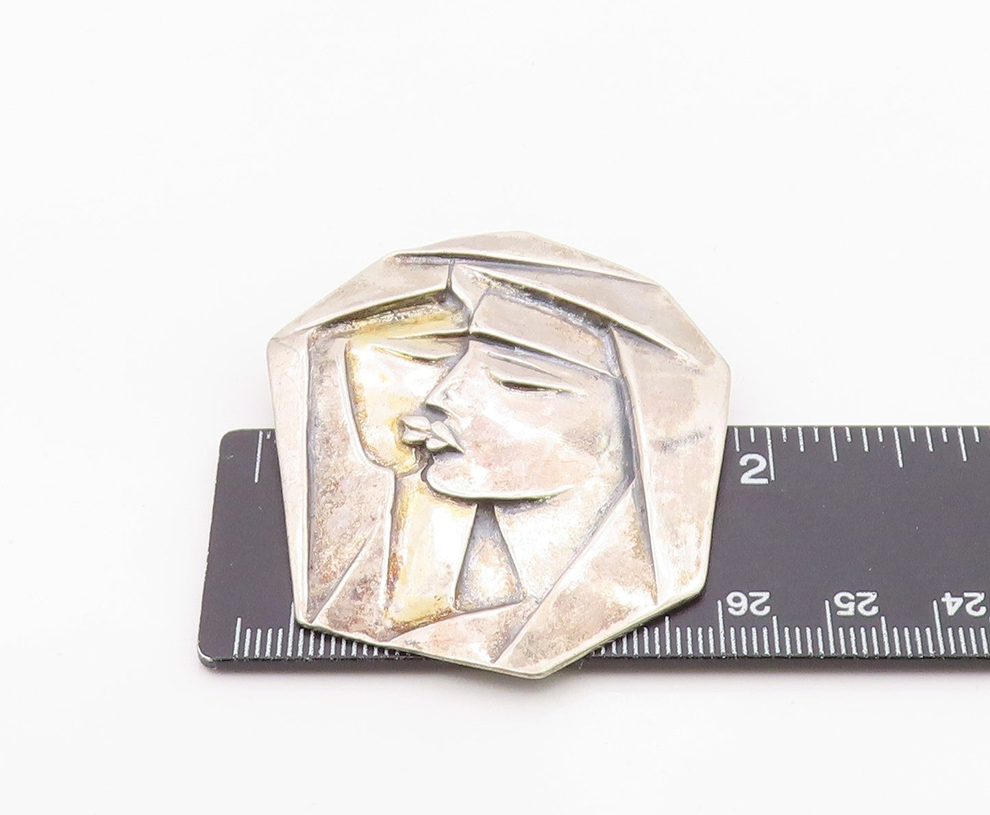925 Sterling Silver Vintage Brooch Pin Geometric Duo Portrait Embrace BP12558