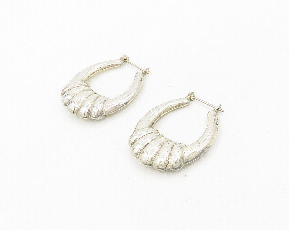 925 Sterling Silver Vintage Shiny Hollow Fluted Detail Hoop Earrings EG9375
