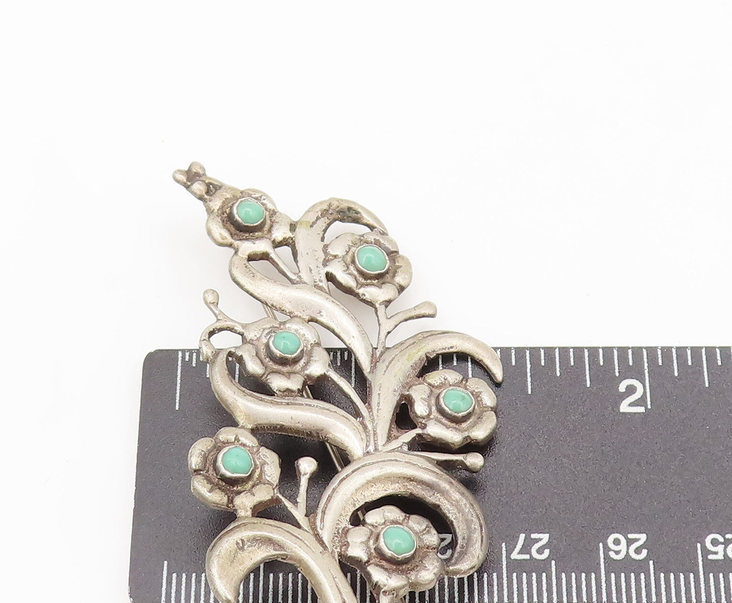 MEXICO 925 Silver Vintage Antique Bouquet Cutout Turquoise Brooch Pin BP10310