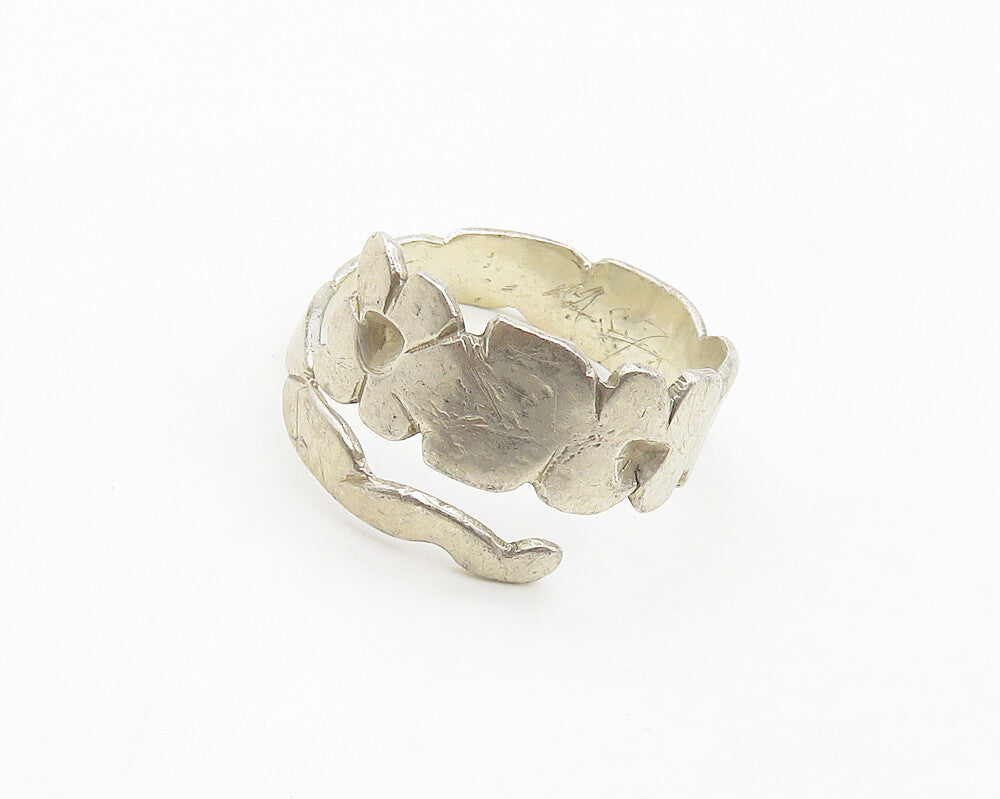 925 Sterling Silver Vintage Shiny Floral Motif Bypass Band Ring Sz 9 RG18078