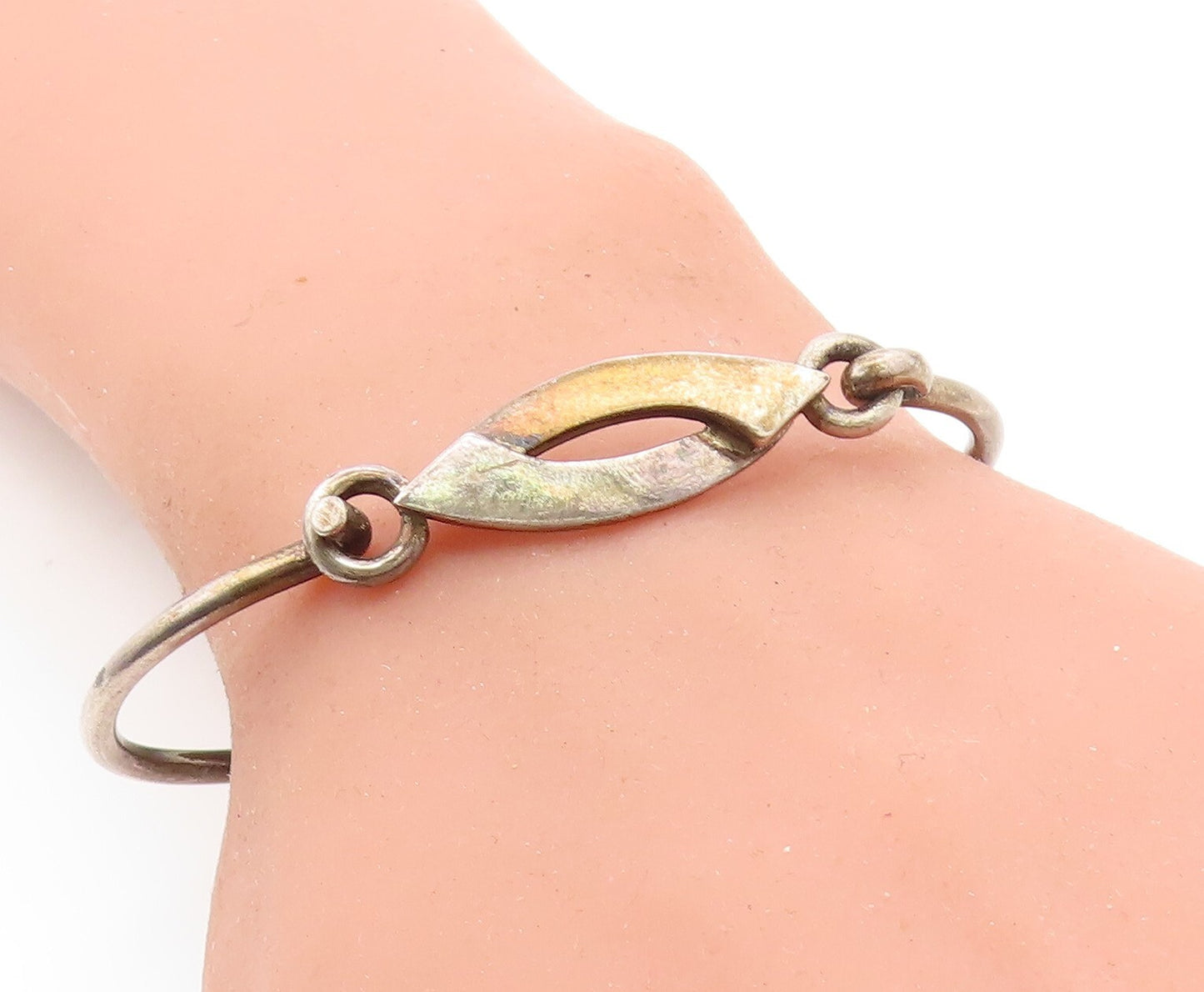 MEXICO 925 Sterling Silver Vintage Oxidized Hook Bangle Bracelet BT2725