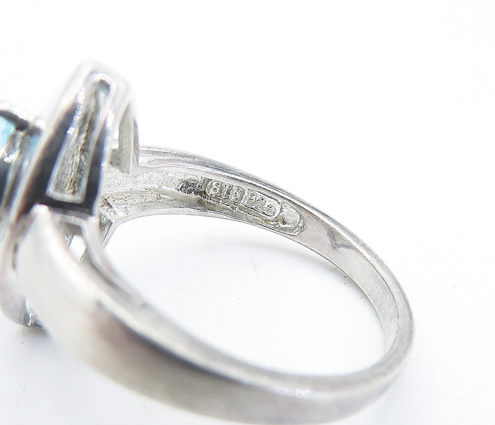 925 Sterling Silver Blue Topaz Shiny Pointed Oval Cocktail Ring Sz 6 RG6770