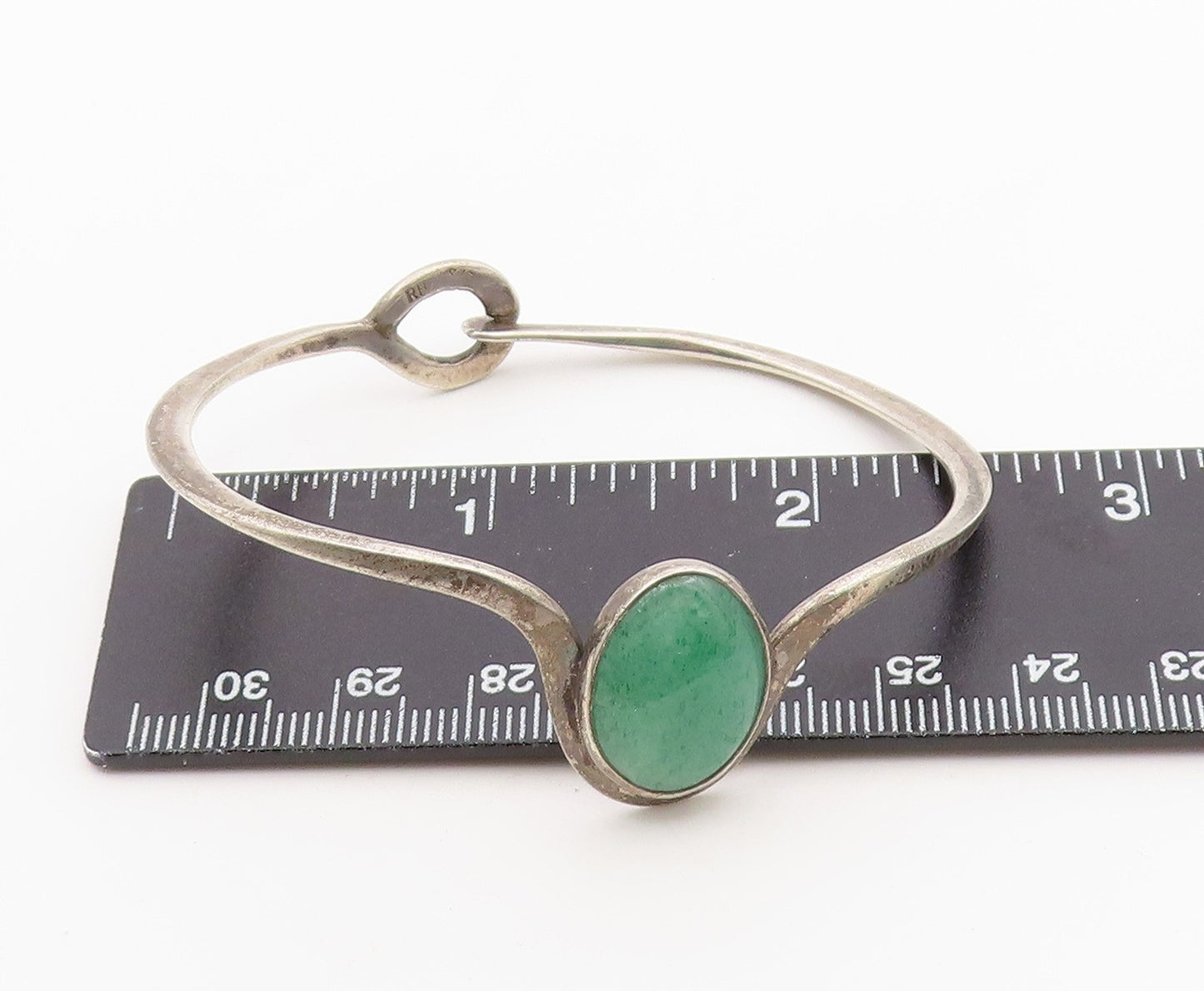 925 Sterling Silver Vintage Bracelet Green Aventurine Modernist Bangle BT12163