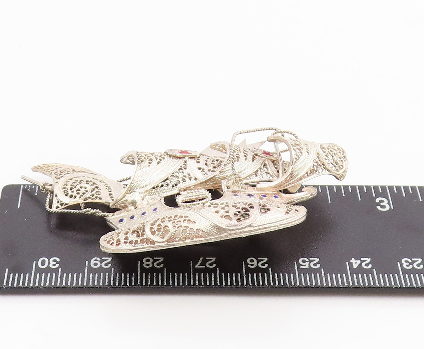 925 Sterling Silver Vintage Brooch Pin TOPAZIO Enameled Caravel Ship BP12455