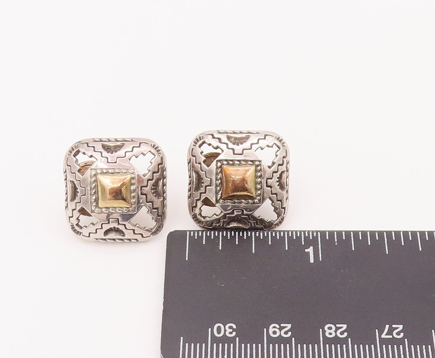 14k Gold 925 Sterling Silver Vintage Earrings CAROL FELLY Square Etched EG12928