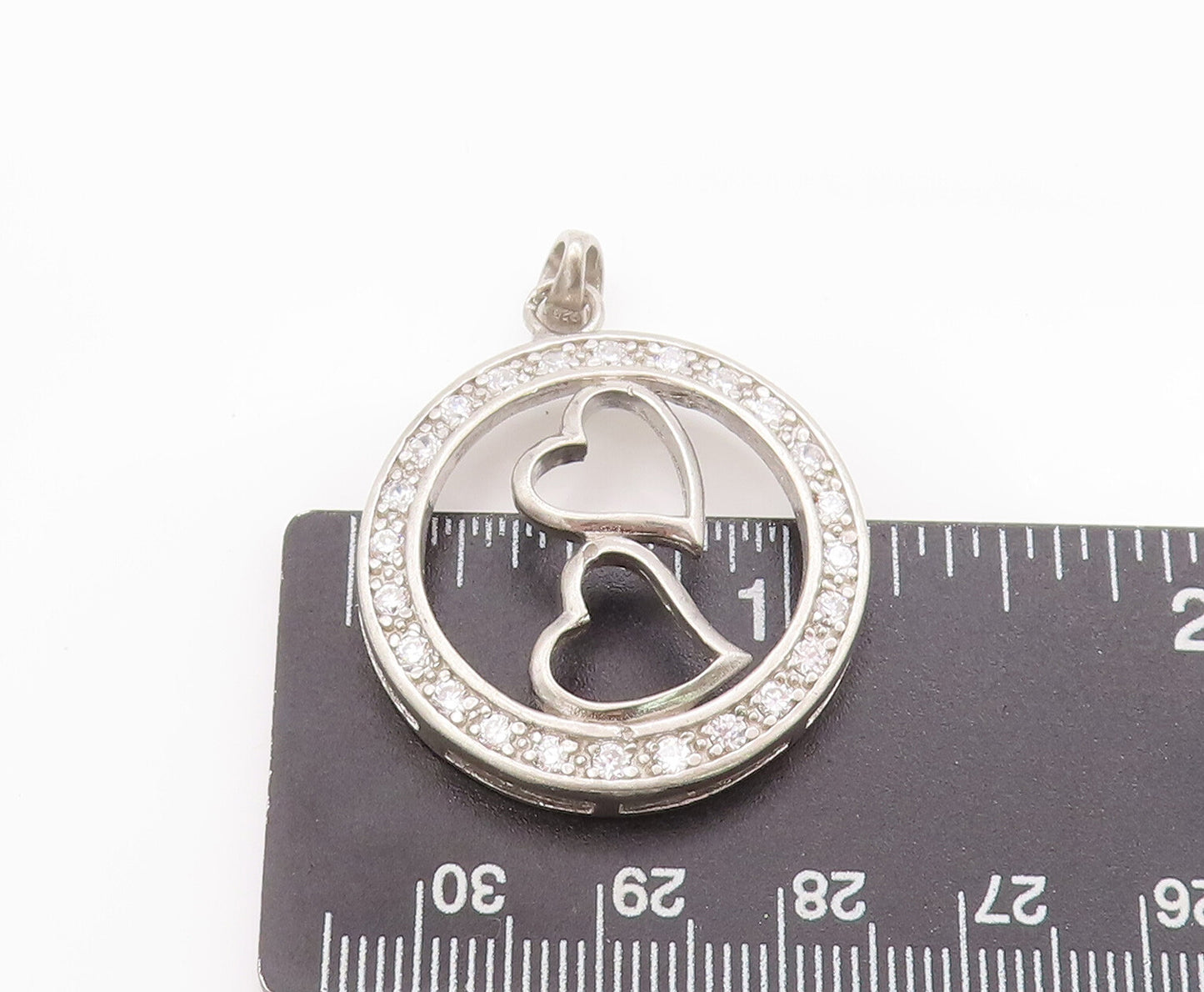 925 Sterling Silver Vintage Pendant Cutout Round CZ Framed Love Hearts PT22999