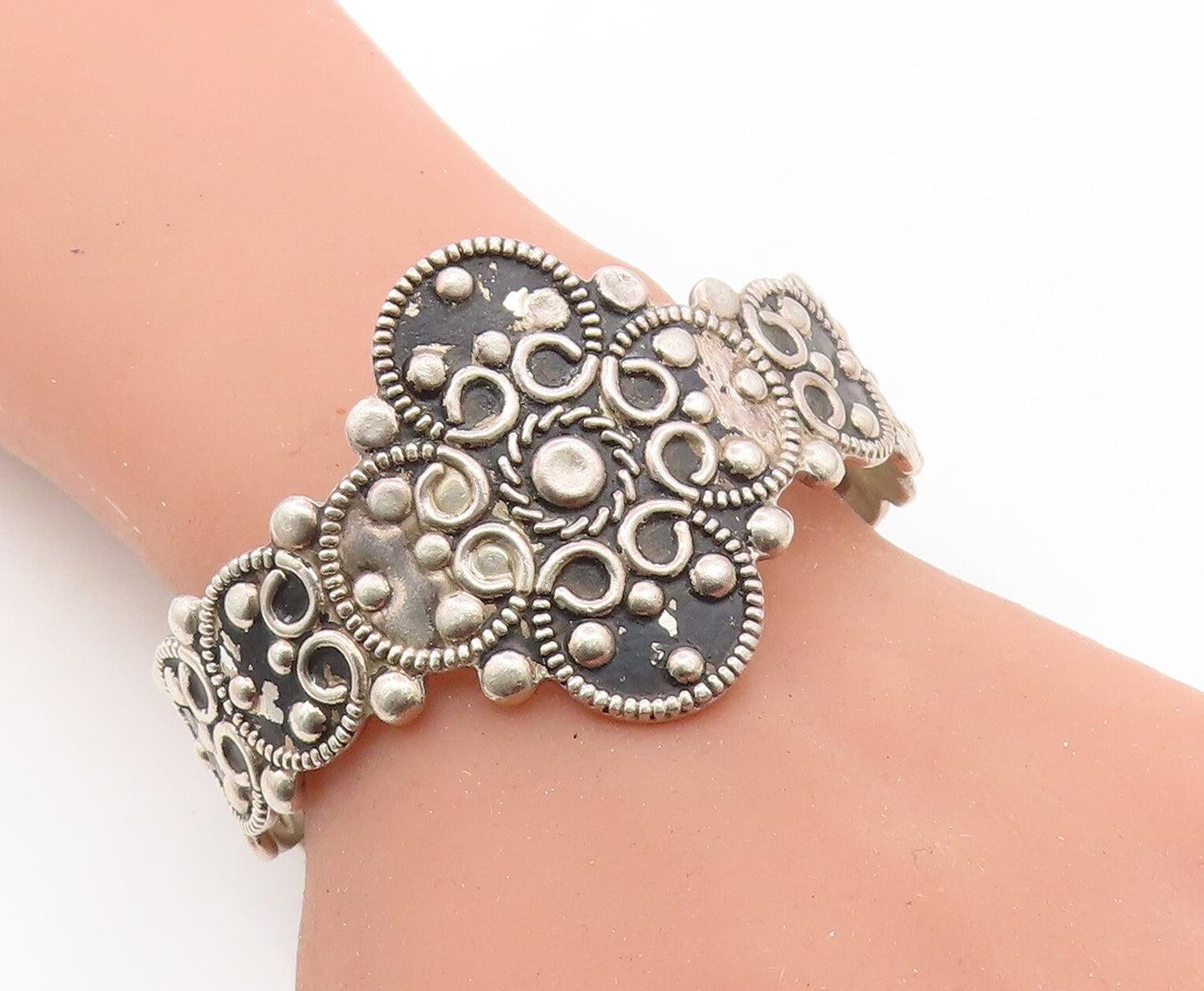 MEXICO 925 Sterling Silver Vintage Oxidized Swirl Twist Cuff Bracelet BT2727