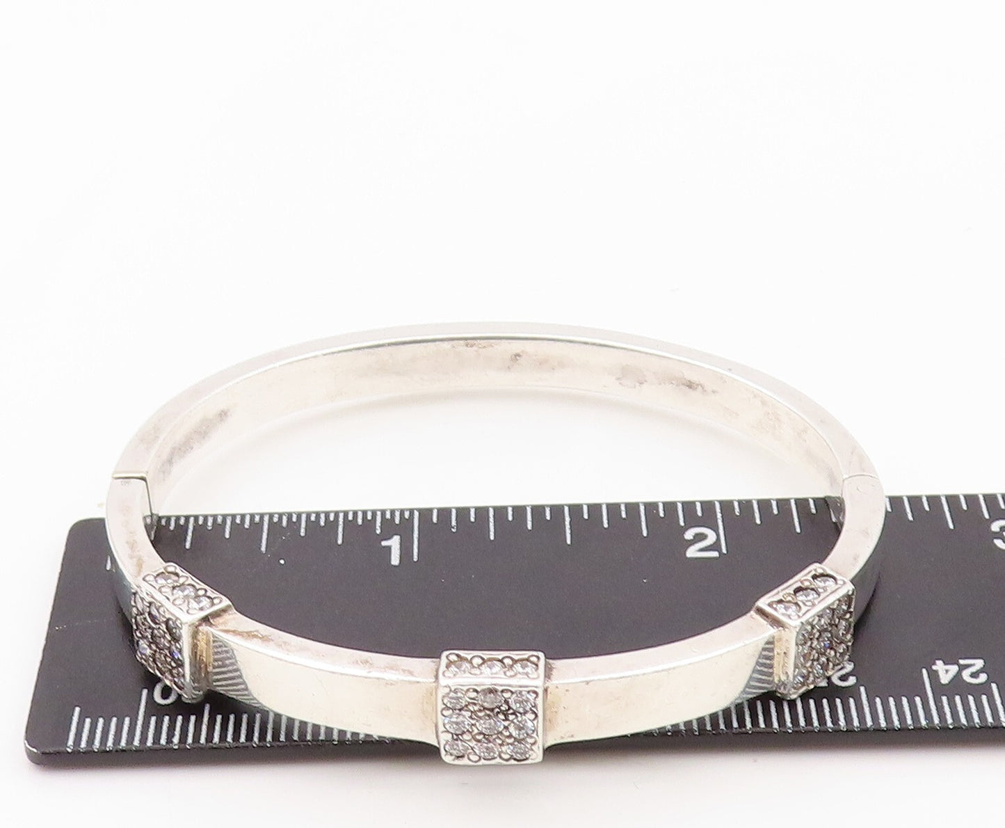 925 Sterling Silver Vintage Bracelet Hinged Bangle Topaz Square Inlay BT10812