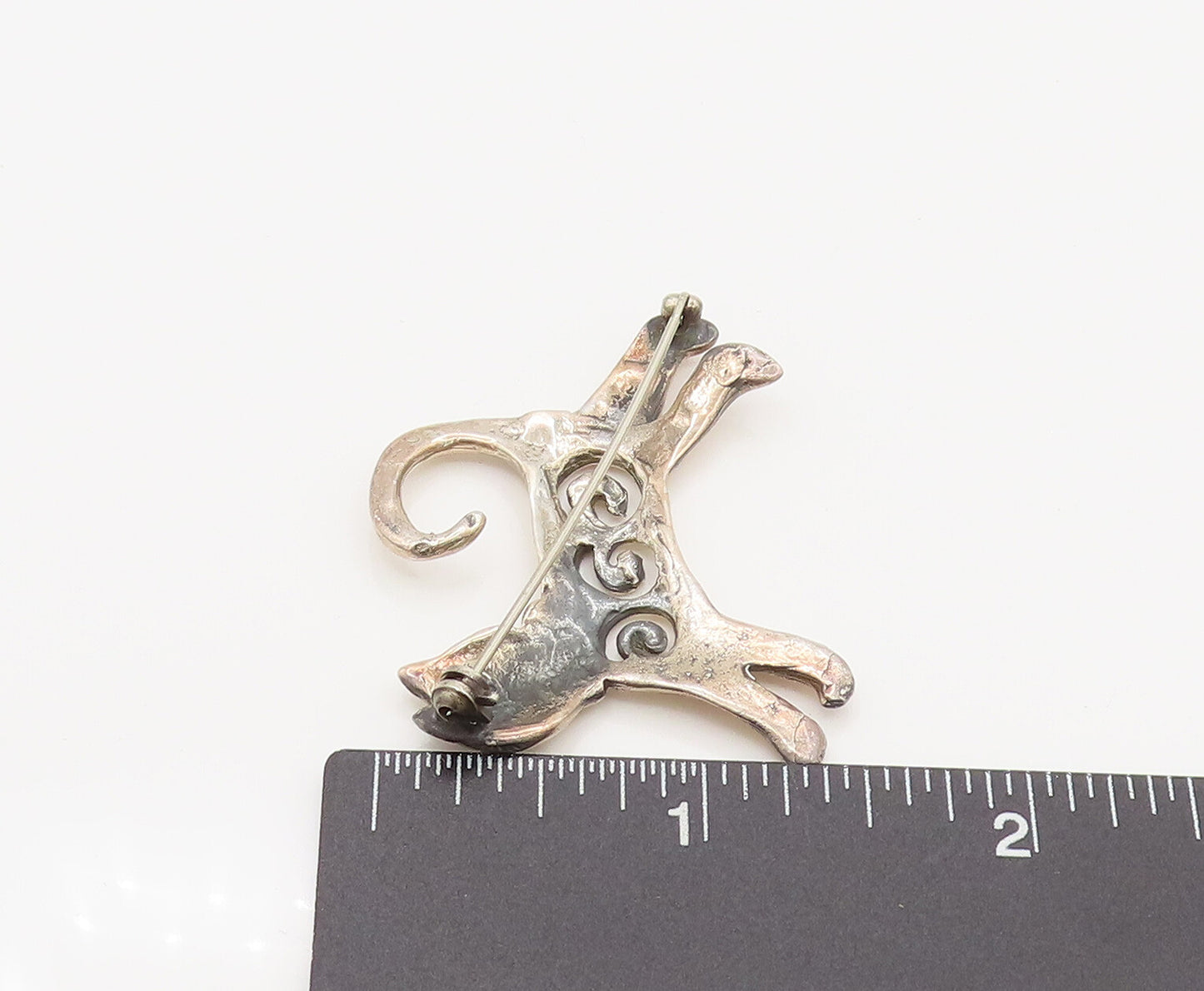 925 Sterling Silver Vintage Open Spirals Kitty Cat Brooch Pin BP10156