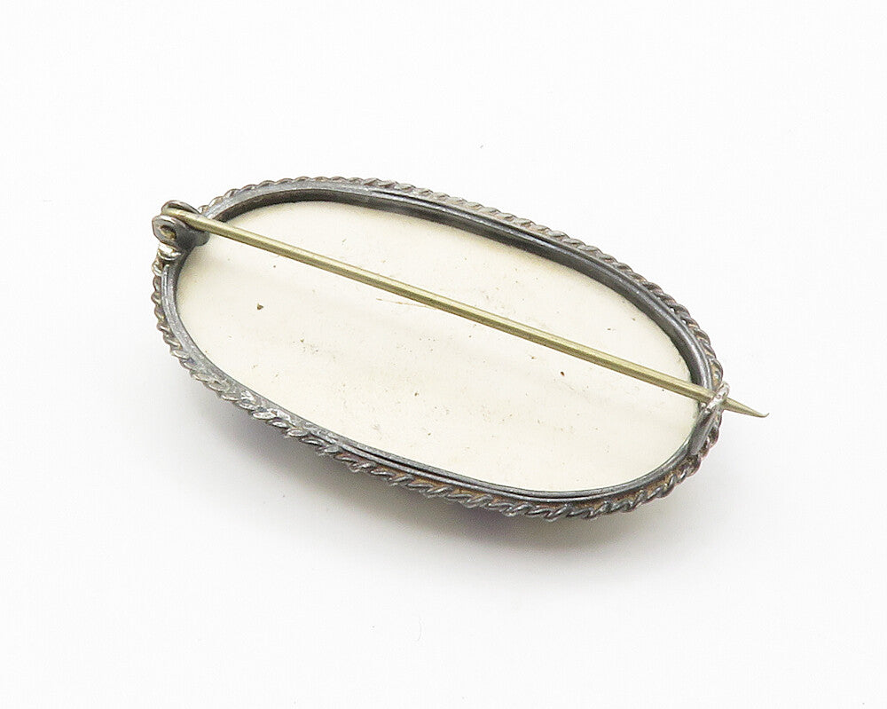 925 Sterling Silver Vintage Enamel Floral Art Oval Dome Brooch Pin BP5487