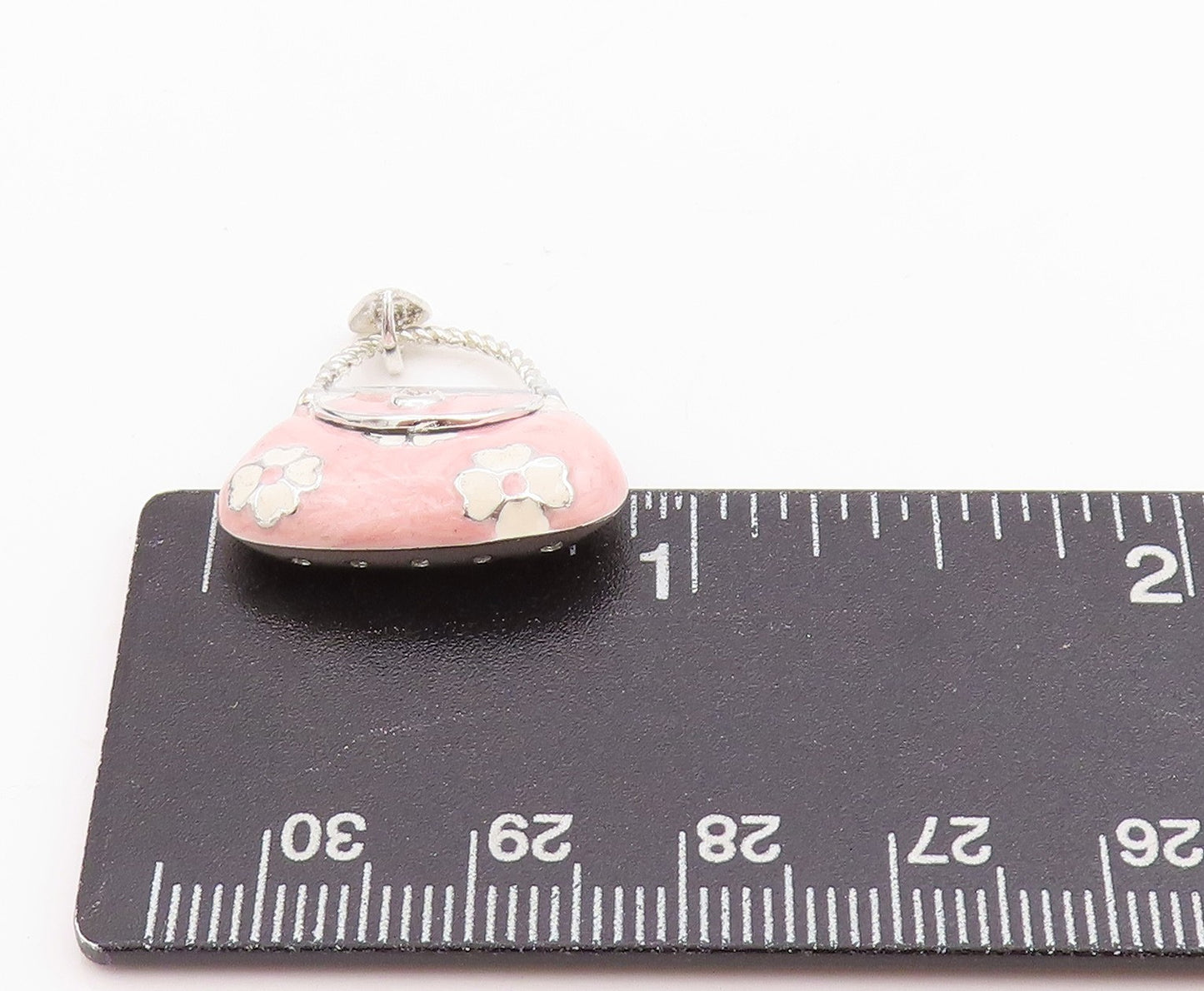 925 Sterling Silver Vintage Pendant Flowers Enameled CZ Handbag PT24564