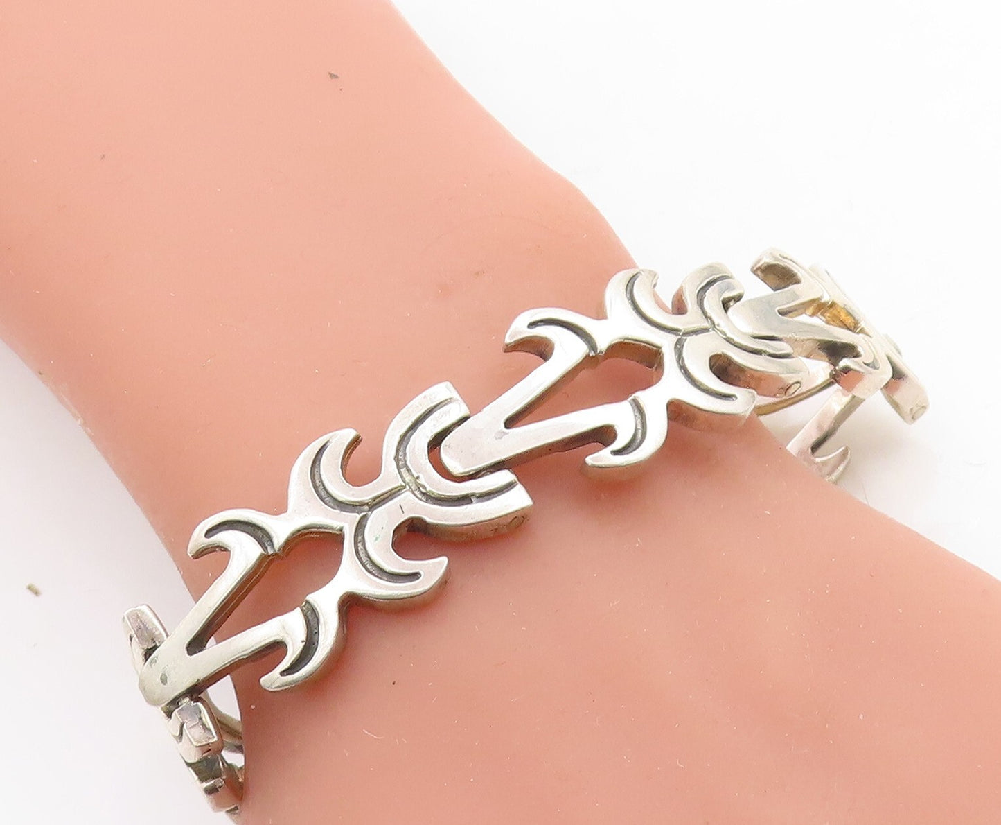 MEXICO 925 Sterling Silver Vintage Oxidized Detail Chain Bracelet BT1896