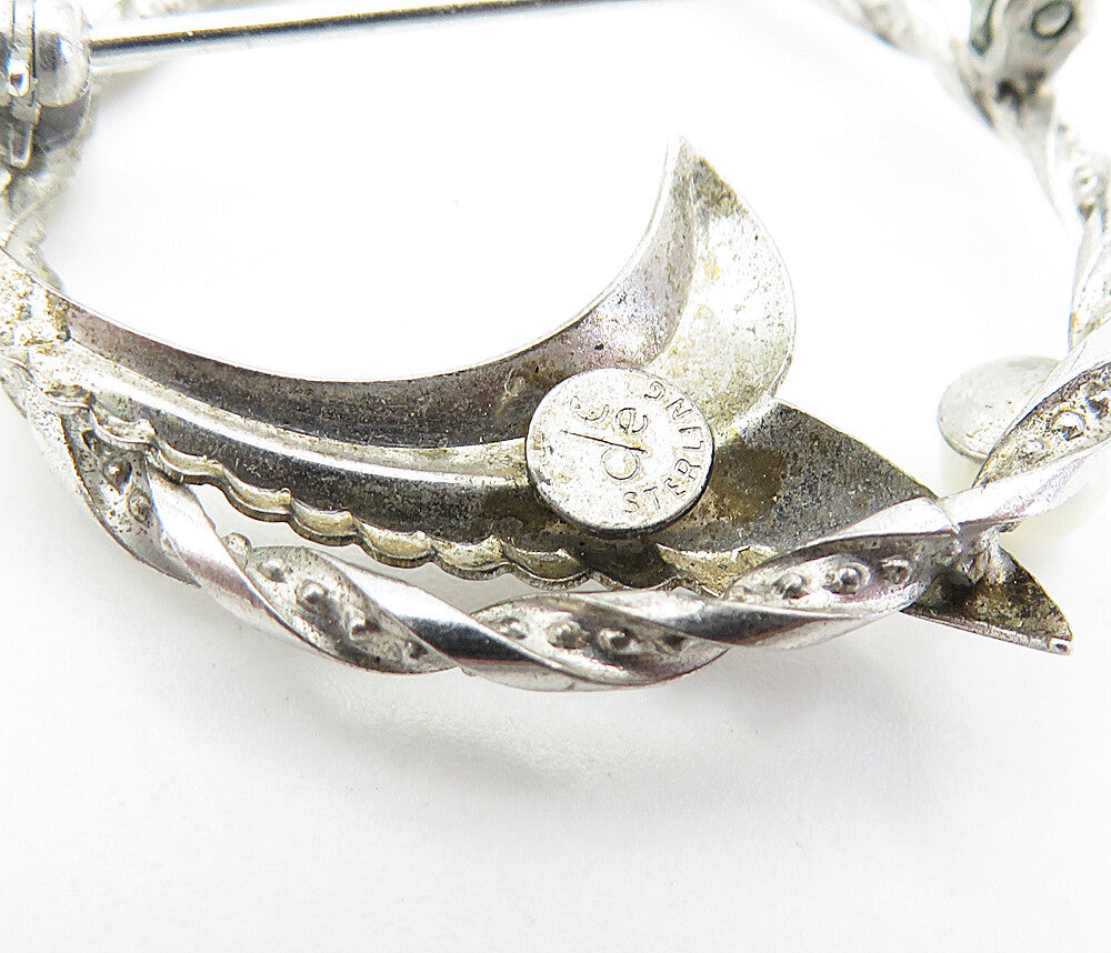 925 Sterling Silver Vintage Petite Pearl Floral Leaf Twist Brooch Pin BP2789