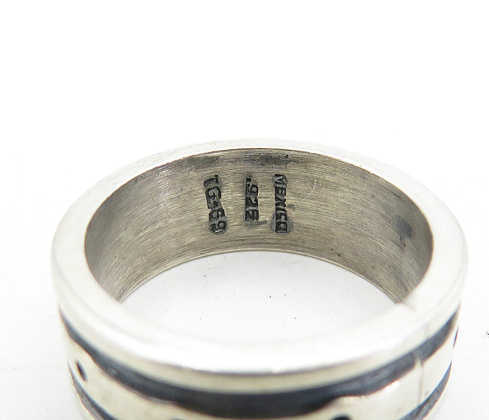 MEXICO 925 Silver Vintage Oxidized Dotted Detail Round Band Ring Sz 7 RG6967