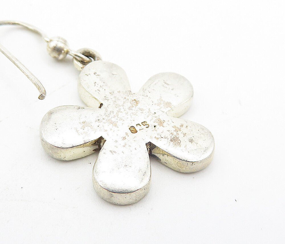 925 Silver Vintage Mother Of Pearl & Black Onyx Flower Dangle Earrings EG3783