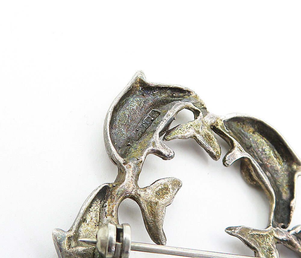 MEXICO 925 Sterling Silver Vintage Dark Tone Dolphins Brooch Pin BP1179