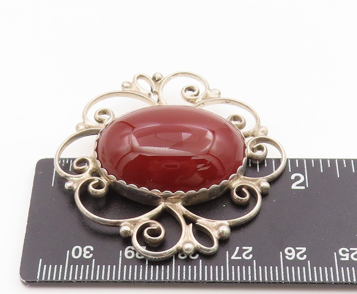 925 Sterling Silver Vintage Brooch POLAND Cabochon Carnelian Scrollwork BP12135