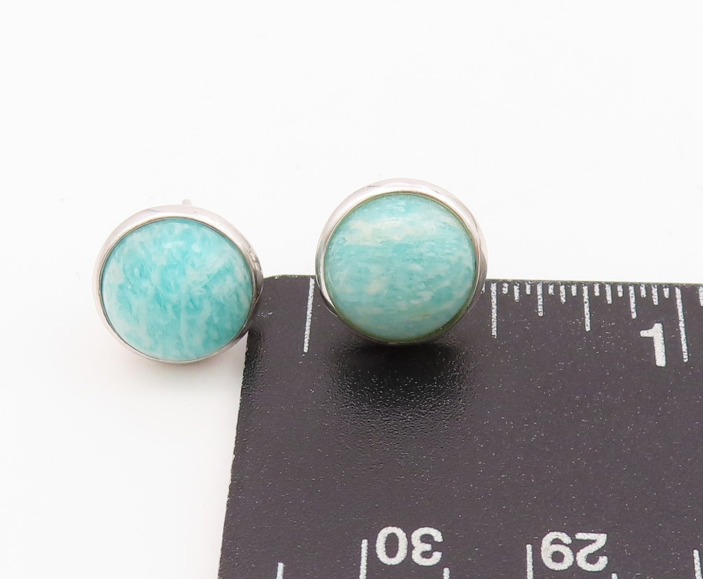 925 Sterling Silver Vintage Earrings Cabochon Round Amazonite Studs EG13638