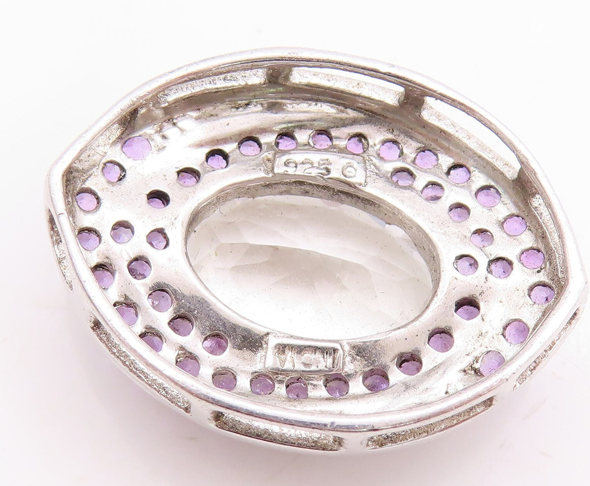 925 Sterling Silver Vintage Pendant Oval CZ Halo Amethyst Inlay Frame PT23804