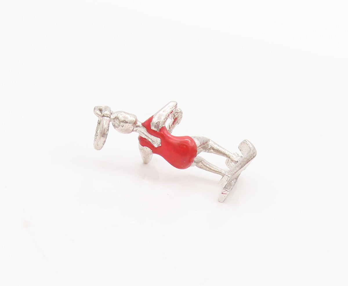 925 Sterling Silver Vintage Pendant Solid 3D Carved Enameled Skiing Girl PT23044