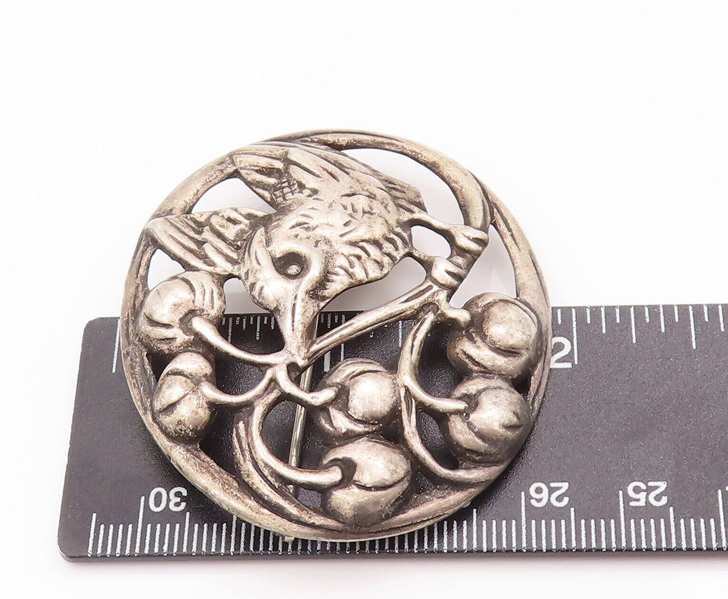 925 Sterling Silver Vintage Brooch Pin Antique Carved Bird On Tree BP10829