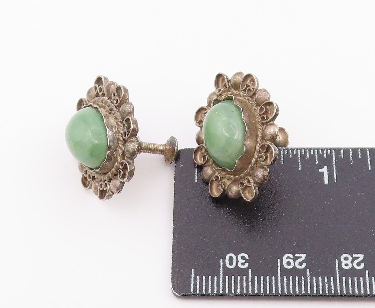 925 Sterling Silver Vintage Earrings MEXICO Cabochon Jade Screw Back EG14449