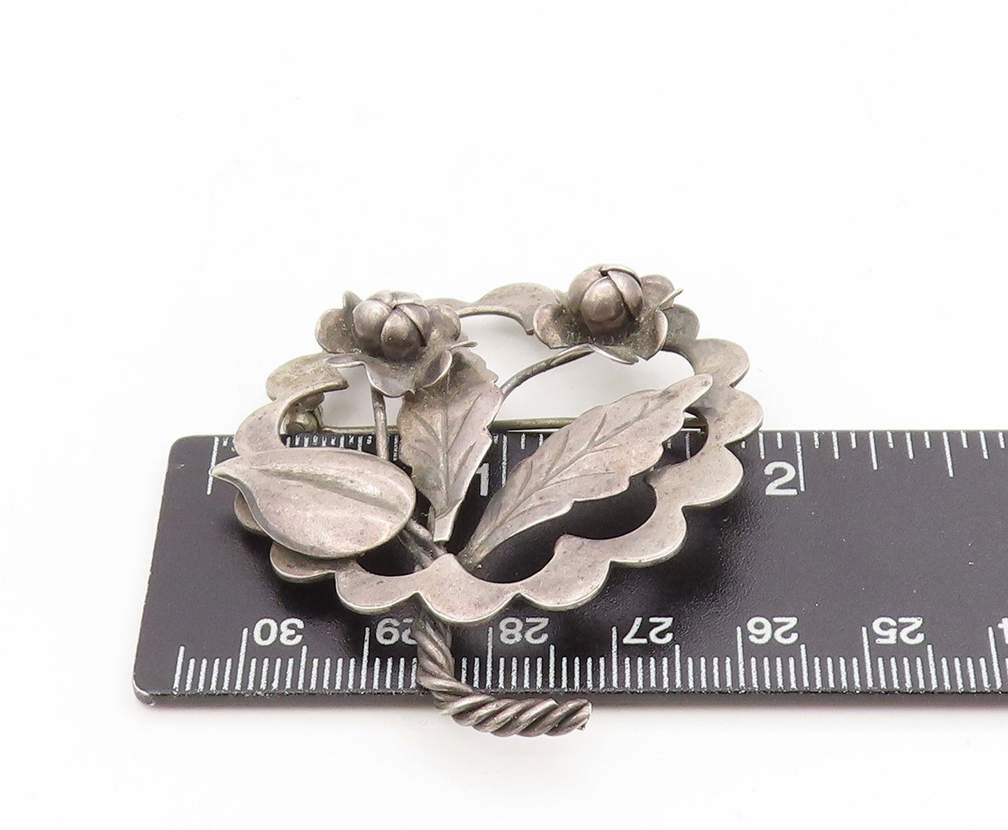 925 Sterling Silver Vintage Brooch Elegant Twisted Stem Floral Blossom BP12251