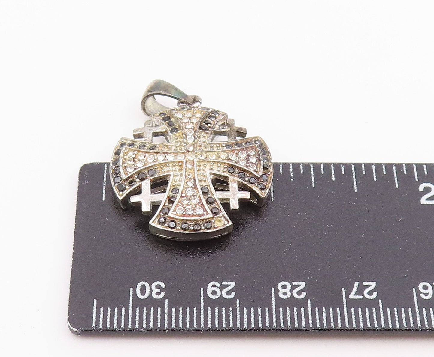 925 Sterling Silver Vintage Pendant Black & White CZ Jerusalem Cross PT26362