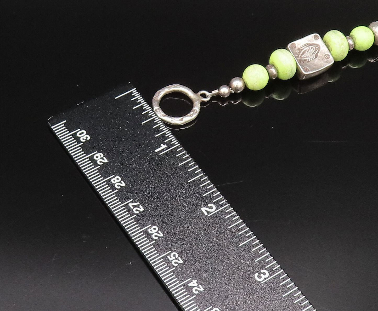925 Silver Vintage Green Turquoise Beads & Engraved Fish Bracelet BT9673